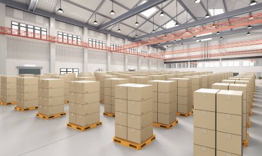 Depodaki sarı paletin üzerine 3D karton kutu yığını