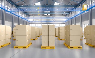 Depodaki sarı paletin üzerine 3D karton kutu yığını