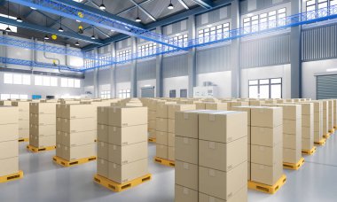 Depodaki sarı paletin üzerine 3D karton kutu yığını