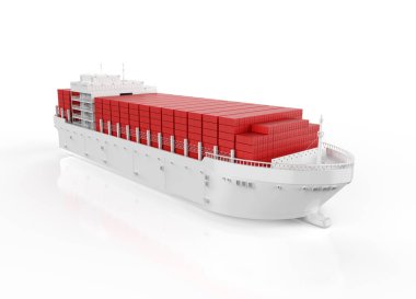 Beyaz arka planda kırmızı konteynırları olan 3D beyaz kargo gemisi ya da gemi