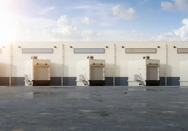 Renderizado Exterior Del Almacén Con Puertas Persiana Estacionamientos Camiones —  Fotos de Stock