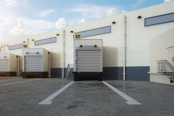 Rendering Magazijn Exterieur Met Rolluiken Vrachtwagen Parkeerplaatsen — Stockfoto