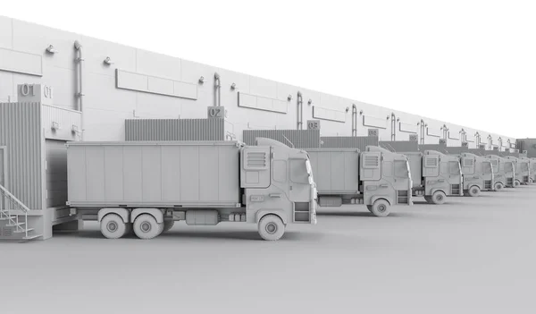 3d rendering group of logistic trailer trucks or lorries at warehouse