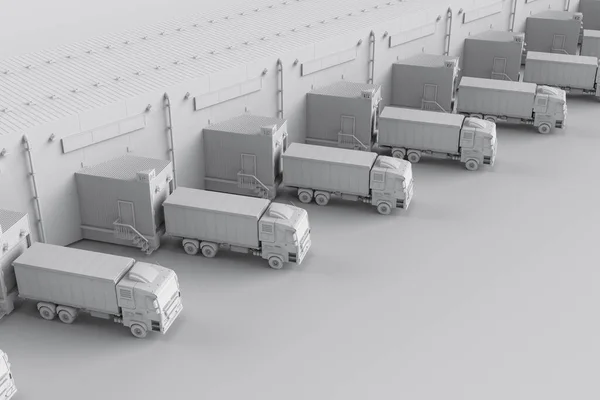 3d rendering group of logistic trailer trucks or lorries at warehouse