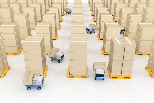 3Dレンダリング配信ロボットとオートメーション倉庫のコンセプトは箱を運ぶ — ストック写真