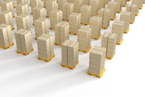 Rendering Stack Van Kartonnen Dozen Gele Pallet Magazijn — Stockfoto
