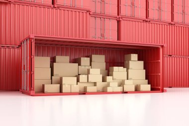 3D karton kutu ya da karton kutuları kırmızı konteynırda birleştiren lojistik işi
