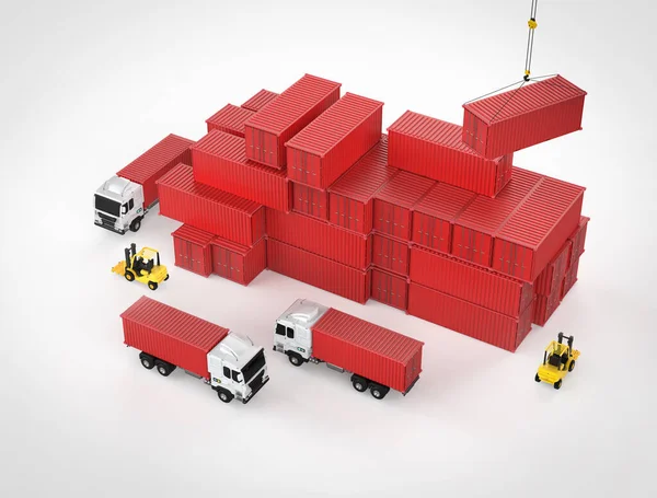 Logistic business with 3d rendering group of logistic trailer trucks with stack of containers