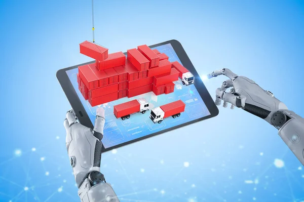 Slim Logistiek Concept Met Rendering Robot Control Distributiesysteem Met Tablet — Stockfoto