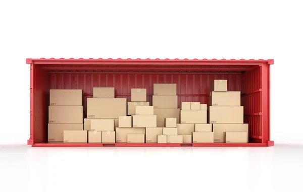 Karton Kutu Karton Kutuları Kırmızı Konteynırda Birleştiren Lojistik Işi — Stok fotoğraf