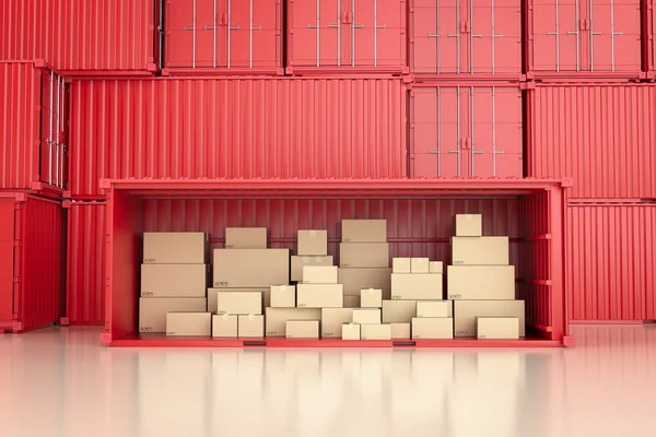 Logistic business with 3d rendering heap of carton boxes or cardboard boxes in red container