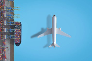 Terminal limanında kargo gemisi ve uçakla 3D lojistik işlem