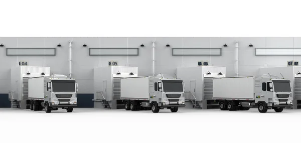 3d rendering group of logistic trailer trucks or lorries at warehouse