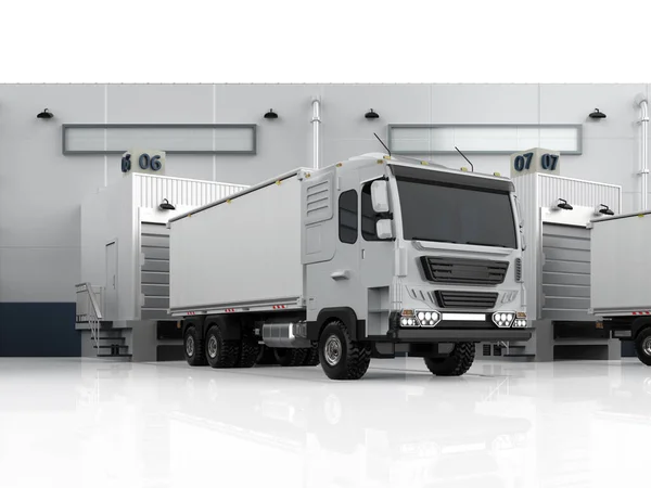 3d rendering group of logistic trailer trucks or lorries at warehouse