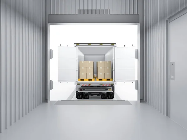 Renderowania Przyczepy Logistyczne Ciężarówki Lub Ciężarówki Pełni Załadunku Kartonów — Zdjęcie stockowe