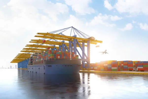 3d rendering cargo ship or vessel with containers at terminal port