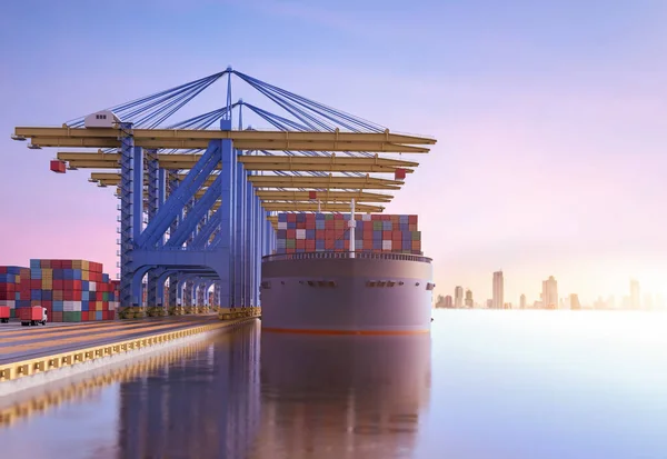 3d rendering cargo ship or vessel with containers at terminal port