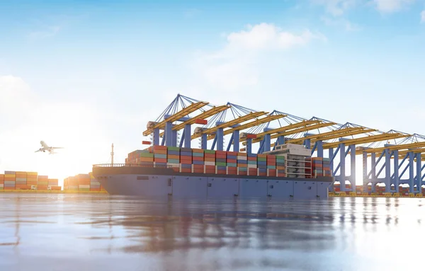 3d rendering cargo ship or vessel with containers at terminal port