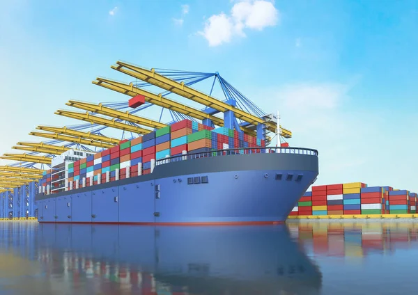 3d rendering cargo ship or vessel with containers at terminal port