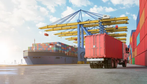 3d rendering logistic business with cargo ship and truck at terminal port