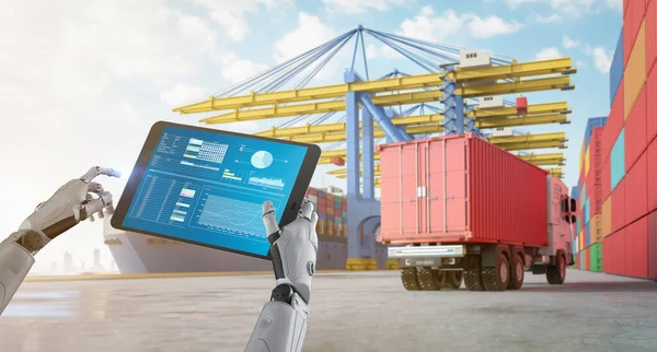 Smart logistic concept with 3d rendering robot control distribution system with tablet