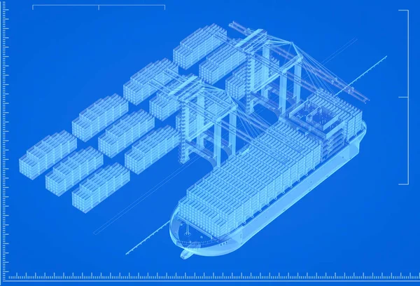 码头集装箱货船或货轮3D绘制蓝图 — 图库照片