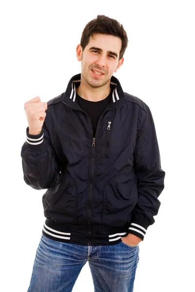 Porträtt av ung man vinnare gest mot en vit bakgrund — Stockfoto