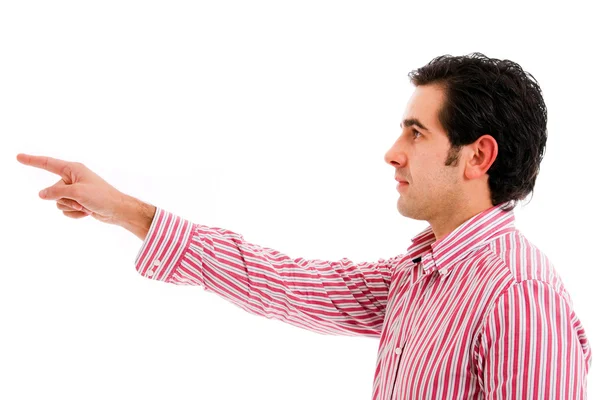 Young man pointing at something interesting over white backgroun — Stock Photo, Image