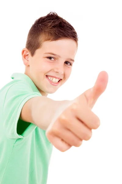 Portrait of beautiful little boy giving you thumbs up over white — Stock Photo, Image