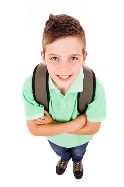 Ganzkörperporträt eines Schuljungen mit Rucksack, isoliert auf wh — Stockfoto