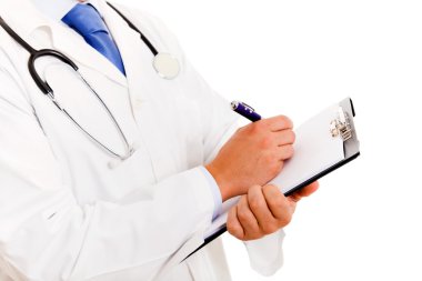 Tıp doktoru stetoskop yazı ile kapatın. izole ov