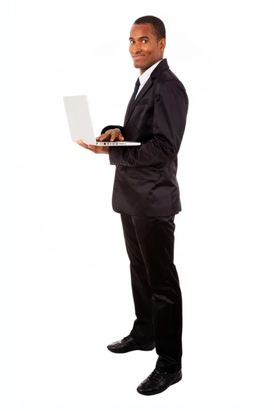 African American business man with laptop, isolated on white — Stock Photo, Image