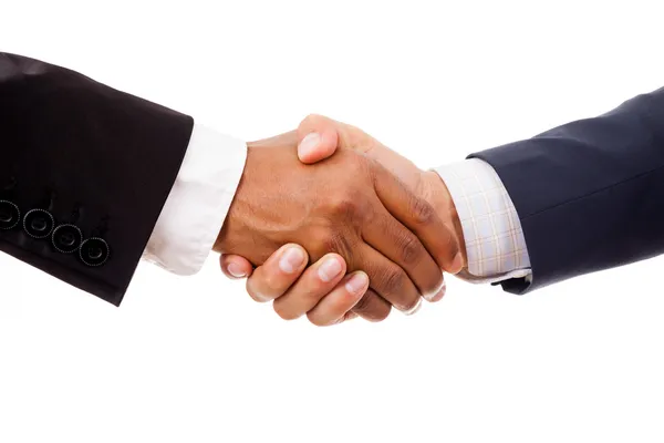 Multiracial handshake between african and a caucasian business m — Stock Photo, Image