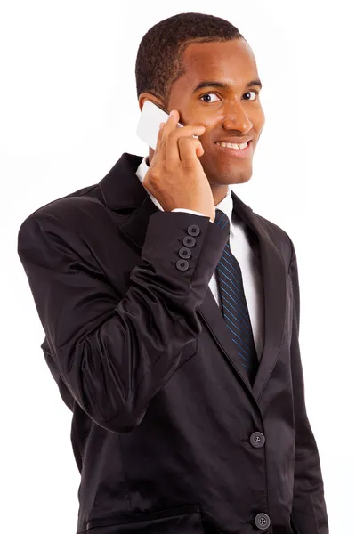 Afro-Américain jeune homme d'affaires au téléphone, isolé sur wh — Photo