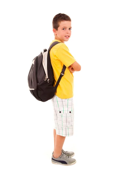 Menino da escola com mochila, isolado em branco — Fotografia de Stock