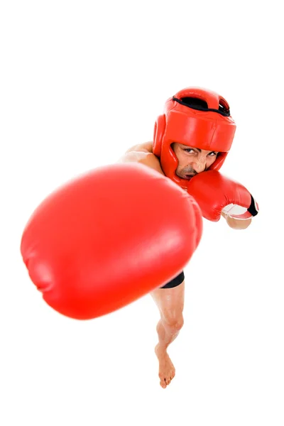 Vista superior del joven boxeador con casco de boxeo y guantes ov — Foto de Stock