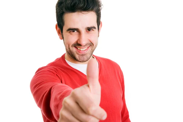 Smiling casual man thumbs up on white background — Stock Photo, Image