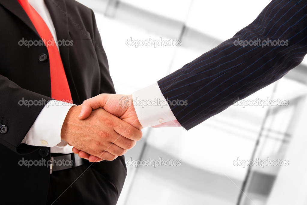 Business shaking hands. Bright blurred background.