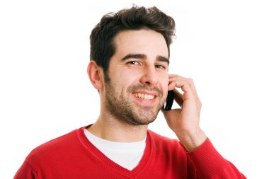 yakışıklı adam portresi, whit üzerinde izole cep telefonu konuşurken