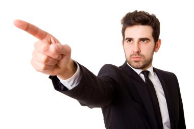 Beyaz bir ilginç yönü işaret eden genç iş adamı