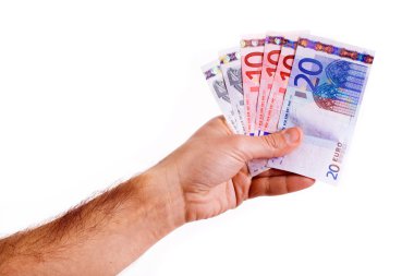 Erkek el Euro para banknot beyaz arka plan üzerinde tutarak