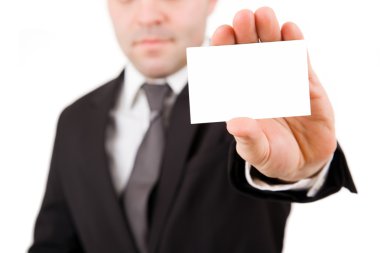 işadamı sunan üzerinde beyaz bac izole kart, siyah elbiseli