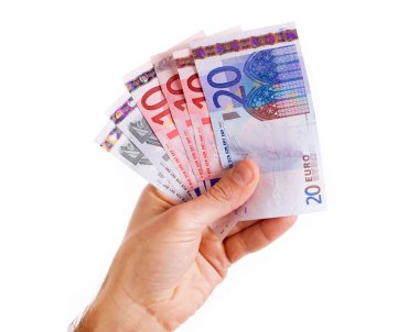 Erkek el euro para banknot, üzerinde beyaz izole tutarak