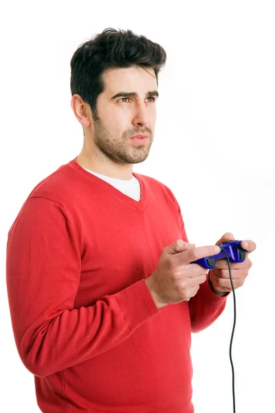 Young man playing video games, isolated on white — Stock Photo, Image