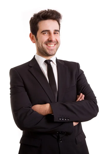 Sorrindo jovem homem de negócios isolado no fundo branco — Fotografia de Stock