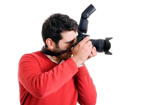Profi fotós a kamera profil a fehér fonákkal — Stock Fotó