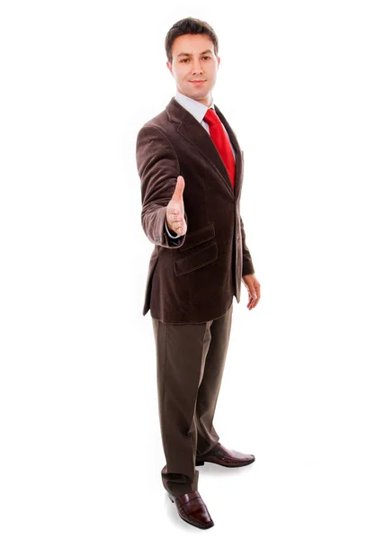 A business man with an open hand in a welcome gesture, isolated — Stock Photo, Image