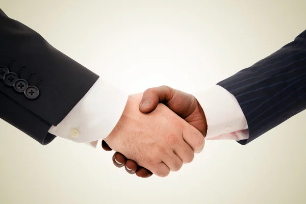 Encerramento de um aperto de mão multirracial entre dois homens de negócios — Fotografia de Stock