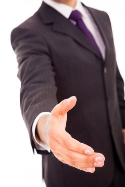veren el sıkışma, üzerinde beyaz izole iş adamı