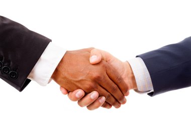 Handshake between african and a caucasian business man, isolated clipart